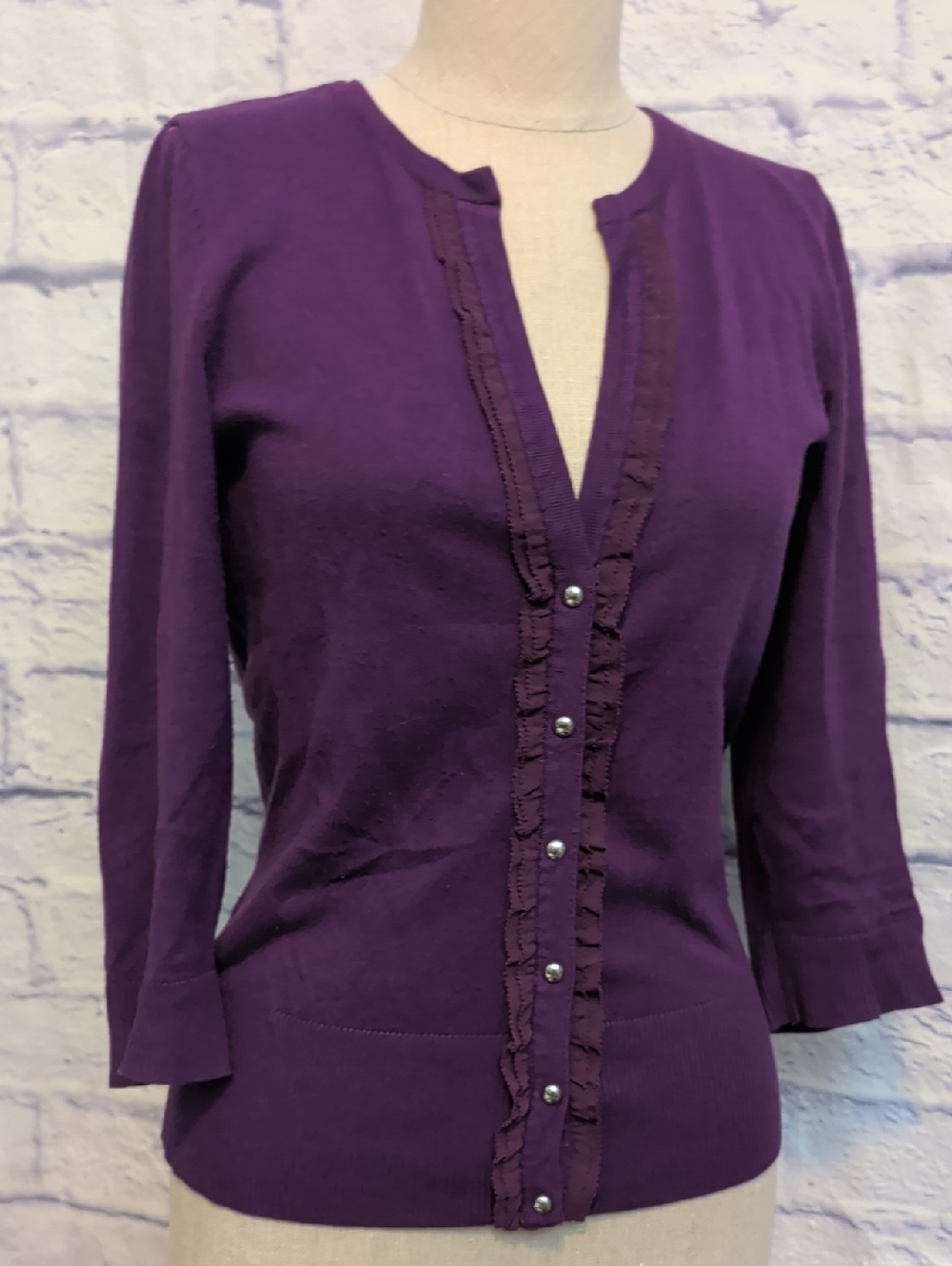 White House Black Market Purple Ruffle-Trim Snap Front Cardigan